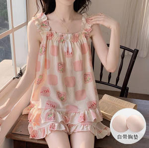 Pyjama <span class=keywords><strong>Bulle</strong></span> Plissé YB Direct Sales pour Femme – Idéal Été avec Coussinets de Poitrine Intégrés – Tenue d'Intérieur Douce et Confortable sans Soutien-Gorge - Product Image 3