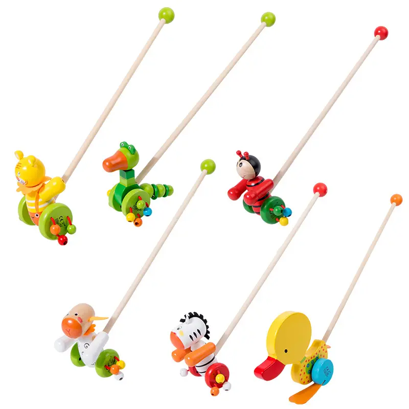 T477 Kinder Puzzle Spielzeug Schubstangen Holz einpolige Wanderer Cartoon Tiere Kinderwagen Walking Spielzeug für Kinder
