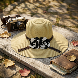 Sombrero de Paja Rafia de Ala Ancha a Rayas para Mujer, Estilo Veraniego - Product Image 3