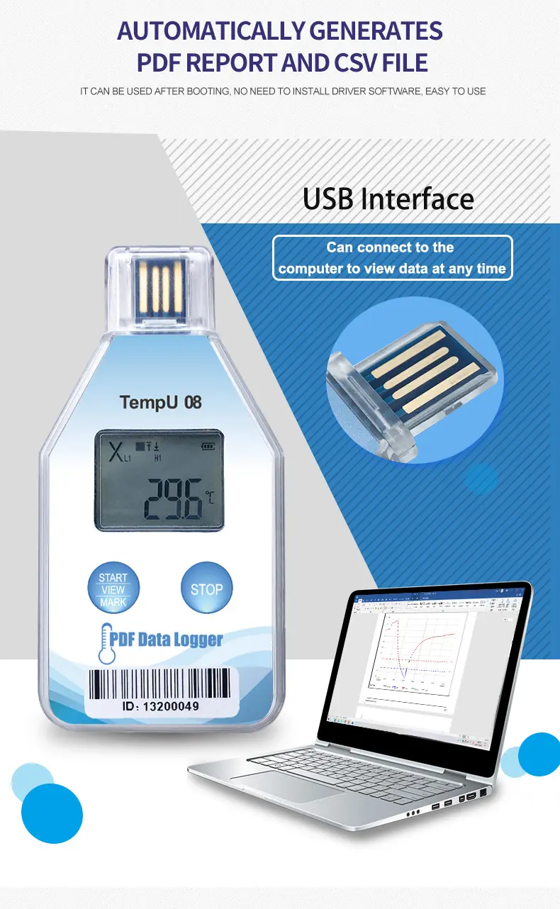 보편적인 감시 장치 PDF 온도계 고정확도 임시 직원 기록 USB 온도 데이터 로거