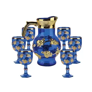 Conjunto de vidro colorido azul estilo oriente médio, 7 peças, conjunto de jantar, presente de promoção