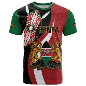 Joyeuse Fête <span class=keywords><strong>de</strong></span> Jamhuri Kenya – T-shirt Homme Slim à Manches Courtes Col Rond, Motif Lion Kenyan et Bouclier Maasai, en Tissu Polyester Respirant 3D - Product Image 3