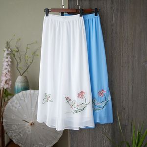 White And Sky Blue Chiffon Embroidered <b>Skirt</b> <b>Elastic</b> Waist Women's Casual Pants - Product Image 1