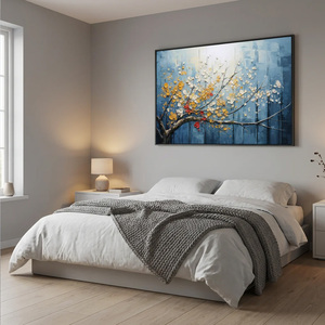 Peinture à l'huile abstraite minimaliste bleue texturée florale peinte à la main sur toile, grande œuvre d'art murale à suspendre avec cadre en aluminium - Product Image 5