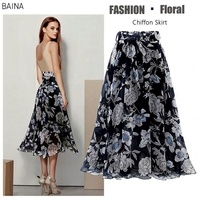 Jupes midi en mousseline à imprimé floral pour femmes, élégantes avec nœud, pour le printemps et l'été, robe de plage, taille haute, jupe décontractée pour femmes