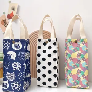 Custom Print Milk Bubble Tea Carrier Holder Take Away Cup Holder Bag Cotton Canvas Cup Sleeve Mini Handbag for Kids Pouch
