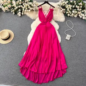 S-XL Sexy Dress Premium Pleated Deep V-Neck Open Back Design with Waist Wrap and Large Swing Suspended Strap Long Dress