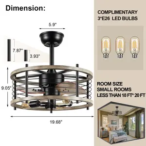 Ventilador de teto decorativo de madeira vintage preto para fazendas Ventilador de teto LED DC com luz com controle remoto e gaiola sem lâminas