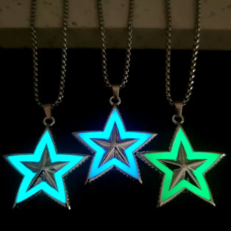 New Luminous Five-pointed Star Pendant Necklaces Domineering Man Punk Stainless Steel Night Lights Necklace