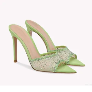 Ubililia stiletto high heel rhinestone mesh peep toe slippers elegant women pointed toe mules shoes sexy ladies heeled sandals