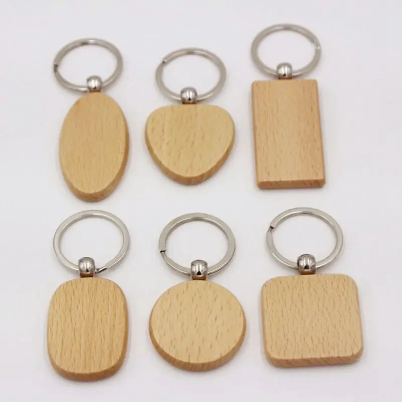 Porte-clés en bois naturel avec logo gravé au Laser personnalisé, petit pendentif, cadeau, rond, rectangulaire vierge