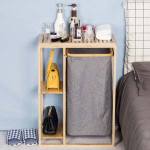 Bamboo <b>Laundry</b> Storage Rack With Fabric <b>Basket</b> Rectangle Standing Type Durable Clothing Organizer For Bathroom Bedroom - Product Image 1