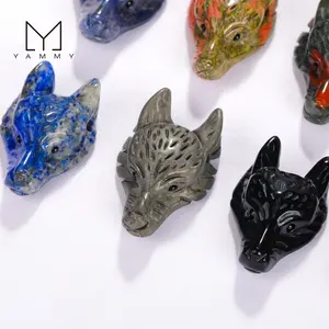 Carved Gemstone Wolf Head Charms Quartz Crystal Pendant Necklace Jewelry Carving Animals Accessory Findings