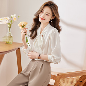<b>Pink</b> Pearl Bow Blouse Women Long Sleeve Chiffon Top For Commuting Solid Color Polyester Shirt With Tie Neck Design - Product Image 2