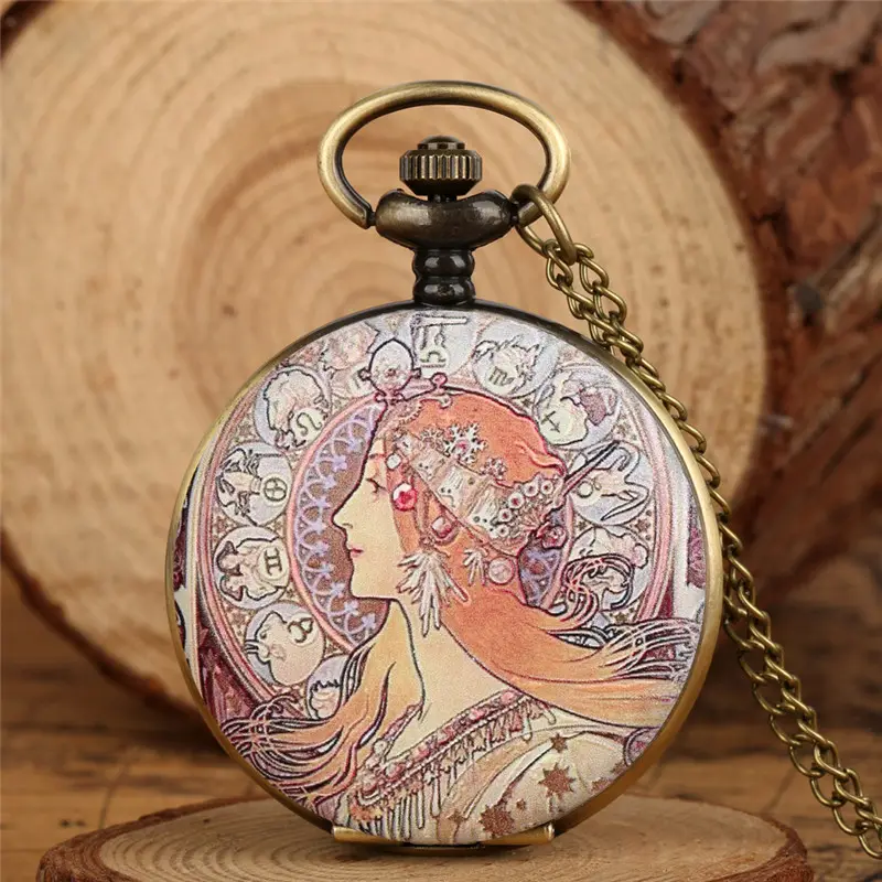 Painting Old Style Elegant Woman Design Flip Open Full Hunter Vintage Pocket Watch With Necklace Clock Chain