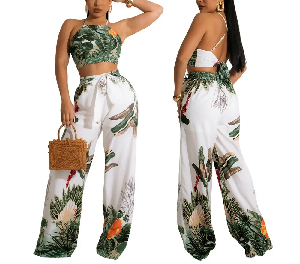 Nieuwe Stijl Vrouwen Bloemen Gedrukt Wijde Pijpen Broek Lace-Up Crop Top Casual Kleding Mode Elegante Dame 2 Stuks sets Voor Dames