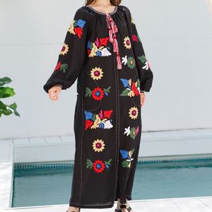 Elegante Vestido de Lino y Algodón Personalizable, Cuello Redondo, Estilo Casual Holgado, Manga Larga, Midi, Vestido de Verano para Mujer - Product Image 1