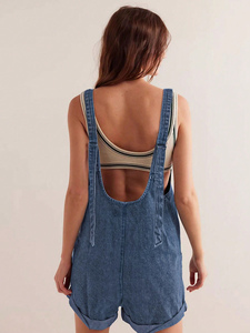 Femmes Vintage Style Denim Combinaison Sans Manches Taille Haute Barboteuse Réglable Bandoulière Poche Shorts Sexy Salopette Été - Product Image 3