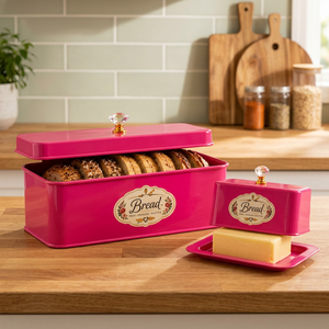 Pink Metal Bread Box with Lid <b>Crystal</b> <b>Knob</b> Vintage Butter Dish Set Kitchen Food Storage Container - Product Image 5