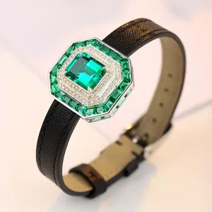 Band Emerald Sapphire Ruby Paraiba Bracelet Bangle for Gift Trendy Watch Style Jewelry Calf-leather Gift Box Silver Jewelry