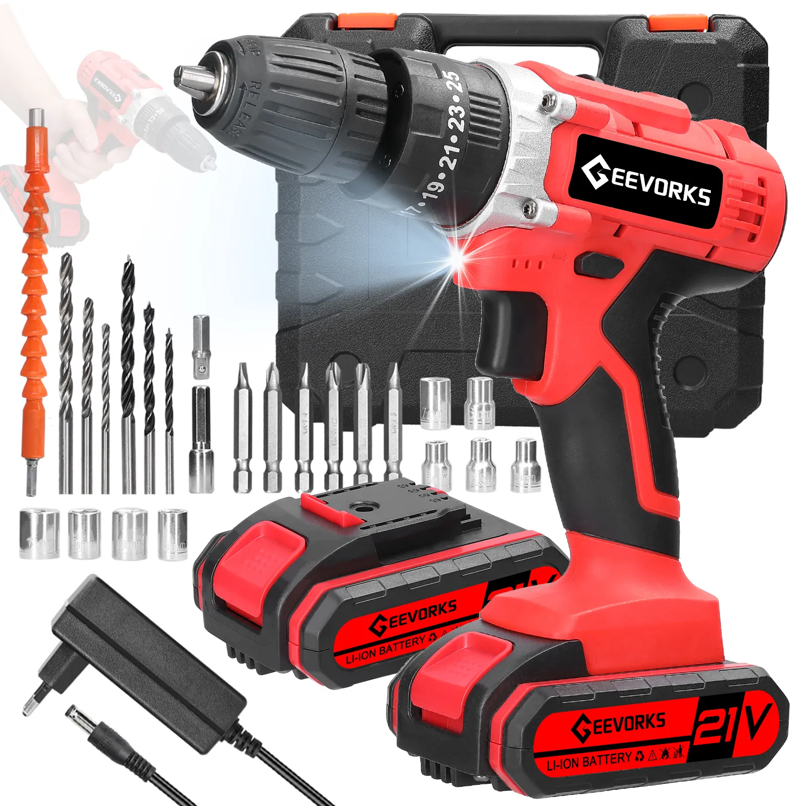 21V multifunctional 3 in 1 Electric Impact Drill Brushed Motor 2 Speeds Control Household 2 battery Power Cordless Screwdriver