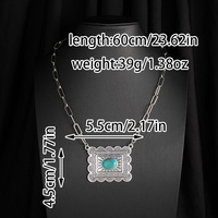 Collier Pendentif Géométrique Rectangulaire Minimaliste Tendance avec Concho et Gemmes Colorées Turquoise, Bijou Long Style Couple