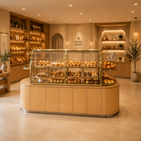 Comptoir de présentation de boulangerie moderne, écologique, robuste, imperméable, avec vitrine incurvée et éclairage LED, aménagement de café