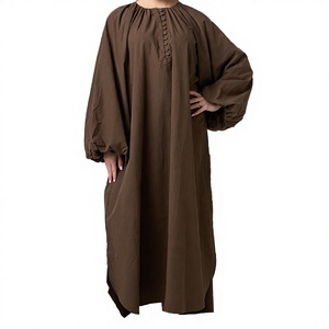 Abaya longue en coton marron pour femme, manches longues, robe modeste, couleur unie, coupe ample, tenue quotidienne, style Moyen-Orient - Product Image 4