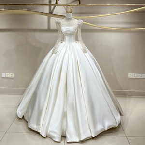 JFH98 Vestido de Novia Clásico Moderno de Satén con Cuello Alto, Lentejuelas, Cola de Capilla, Encaje, Flores de Cristal y Apliques para Boda - Product Image 1