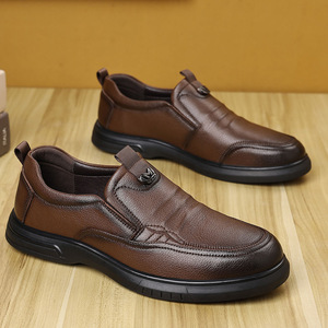 Men's Genuine Leather Loafers Round Toe <b>Soft</b> Sole Flat Walking <b>Shoes</b> For Dad Fashion Casual Comfortable Cow Leather <b>Shoes</b> - Product Image 1