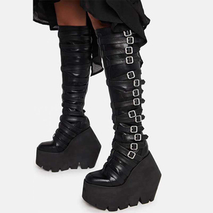 Women Super High Wedge Heels Knee High <b>Boots</b> Belt Buckles Thick Platform Long <b>Boots</b> Punk Styles Y2K Style Back Zipper Shoes - Product Image 2