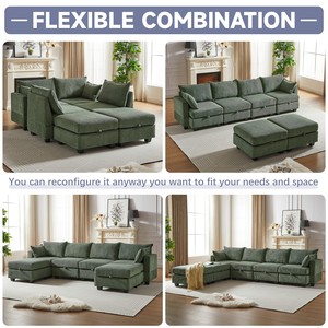 Modular Sectional Corduroy Sofa Set-Modern Design 6-Seater <b>Convertible</b> Chaise with Storage Ottoman for Living Room Furniture - Product Image 4