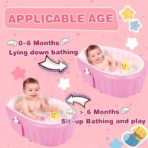 Baignoire gonflable rose pour bébé, pliable et portable, avec pompe, pour nouveau-nés de 0 à 6 mois - Product Image 1