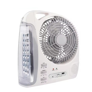 Ventilateur solaire portable avec panneau solaire rechargeable, lumière LED 8 pouces, radio <span class=keywords><strong>FM</strong></span>, charge USB pour le camping et les situations d'urgence - Product Image 1