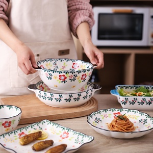 Ciotola in Ceramica Grande da 1200ml con Doppio Manico Dipinta a Mano per <span class=keywords><strong>Insalata</strong></span>, Zuppa, Frutta con <span class=keywords><strong>Disegno</strong></span> di Fiori e Piante - Product Image 6