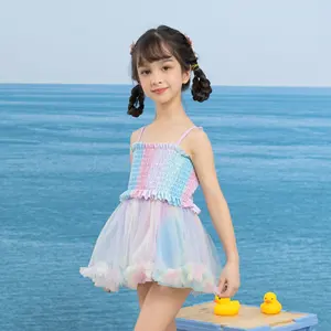 Renkli çocuklar mayo elbise kızlar için etek mayo ile 2024 yaz yüksek kalite bebek yürüyor beachwear tek parça OEM özel