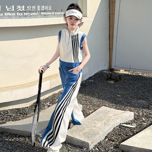 Completi <span class=keywords><strong>Abbigliamento</strong></span> Bambina 2026 Estivi Ragazza Adolescente Canotta Senza Maniche + Pantaloni a Righe Nero Bianco Blu Set Sportivo - Product Image 4