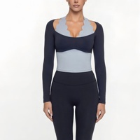 TongJoes Ensemble de yoga color-block effet deux pièces avec haut long en dentelle à col licou, coupe ajustée, respirant, polyvalent, pour le sport et le fitness, à manches