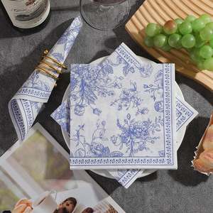 Blue White Floral Printed Paper Napkins 330mmx330mm For Themed Party Use - Product Image 2