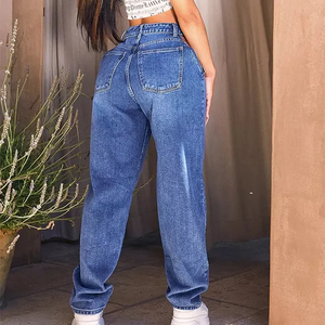 กางเกงยีนส์เอวสูงสไตล์ฮิปฮอปของผู้หญิงกางเกงยีนส์ทรงตรงติดโลโก้แบบเรียบง่าย - Product Image 4