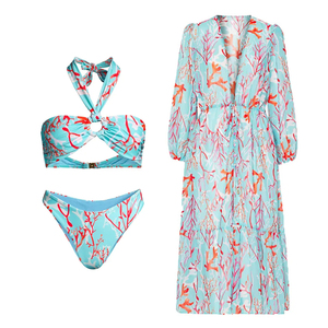 Sexy chuỗi áo tắm dây Bikini cutout <span class=keywords><strong>backless</strong></span> bãi biển phù hợp với dài tay áo voan che lên beachwear 2023 Đồ bơi cho phụ nữ - Product Image 2