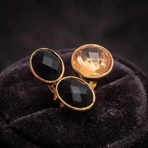 Tri-Color Treasures Rhodium Plated Silver <b>Rings</b> with <b>Black</b> & Golden Accents Ethnic Gemstone <b>Rings</b> - Product Image 3