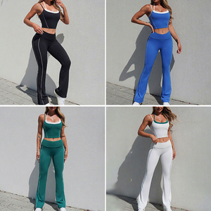 Conjunto de Yoga de 2 Piezas Azul para Mujer, Top Corto con Cuello Cuadrado, Leggings de Cintura Alta con Rayas Laterales y Costuras en Contraste - Product Image 6