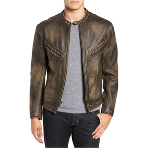 Unisex Autumn Retro Washed Leather <b>Biker</b> <b>Jacket</b> with Gradient Zip Design Waterproof & Windproof Solid Pattern Standing Collar - Product Image 2