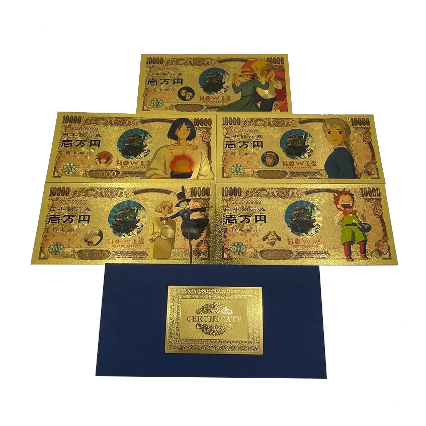 Personalizado Japón 10000 Yen dinero Anime Howl's Moving Castle 24K chapado en oro billete