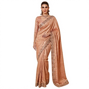 Sari rose brodé style Banarasi en soie mélangée, tenue de mariage, robe de cérémonie festive - Product Image 1