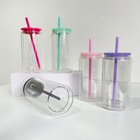 Gobelet en verre à double paroi de style américain pré-percé 15oz/12oz avec couvercle en plastique coloré et paille, personnalisable avec logo pour sublimation