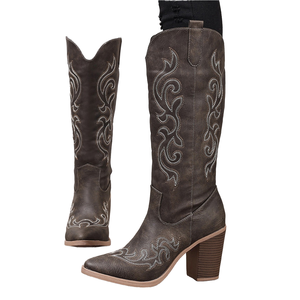 Bottes de cowboy montantes pour femme, en cuir microfibre, à talon épais, à enfiler, pointues, mode hiver, vente en gros directe usine - Product Image 3