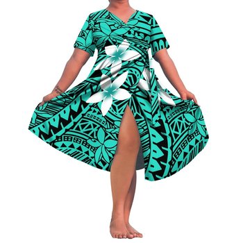Drop Shipping Blue Hawaii Tribal Design Island Dresses Polynesian Traditional Clothing Featuring V-Neck Lace-Up Princess Dress