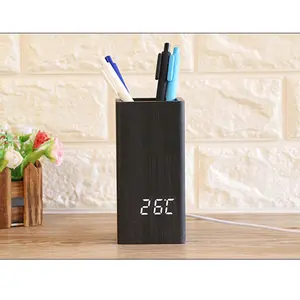 Holz Wecker digitale Temperatur Stift halter Tisch uhr für Geschenk werbung mit günstigsten Preis LED Schreibtisch uhr Logo benutzer definierte